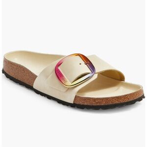 Birkenstock Women's Madrid Iridescent Big Buckle Slide Sandal in Ecru